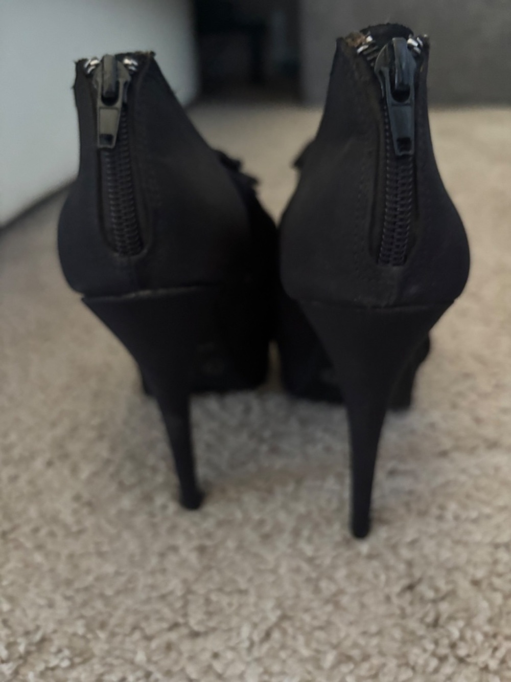 Black Satin Ruffle Peep Toe Platform Stiletto Heels Booties - Picture 3 of 5